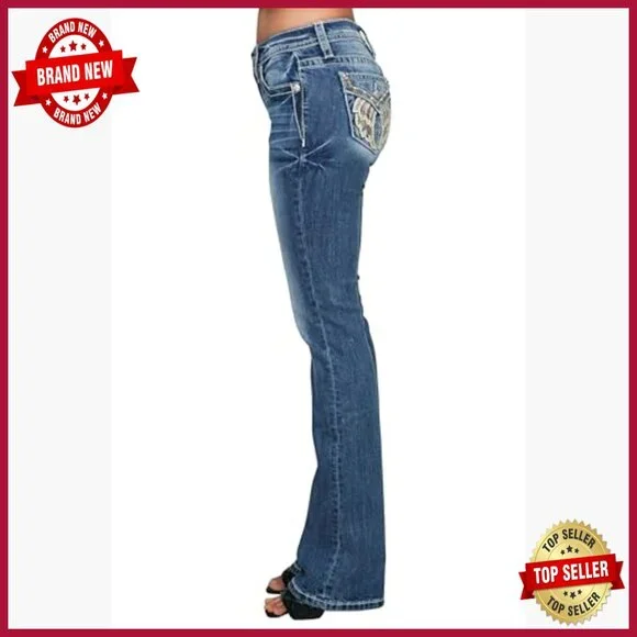 Mid-Rise Bootcut Jeans with Embellished Wing Pockets, 32 Inseam
